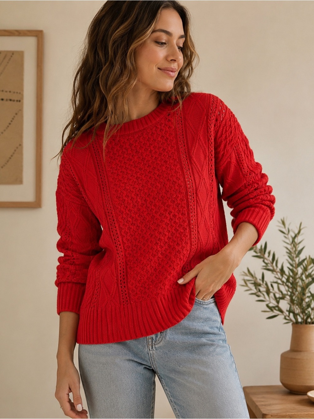 NWT A New Day Red Cable Pointelle Knit Sweater Women’s M